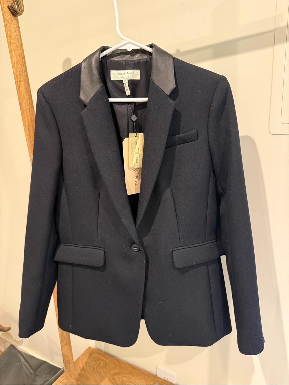 rag & bone Black Blazer with Leather Trim Collar